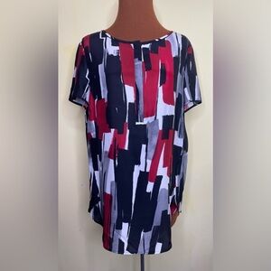 Lafayette 148 NY Silk Red Black Abstract Brushstroke Print Tunic Blouse Size 10